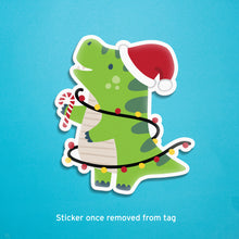 Load image into Gallery viewer, Festive Christmas Light Dinosaur Kids Gift Tag / Sticker in one