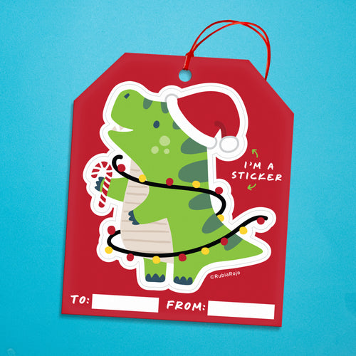 Festive Christmas Light Dinosaur Kids Gift Tag / Sticker in one
